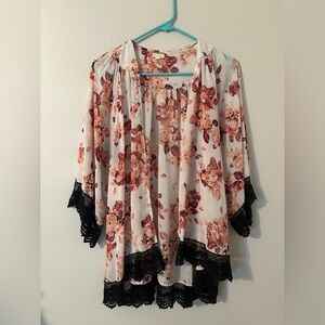 Floral Kimono Cardigan with Black Lace Trim